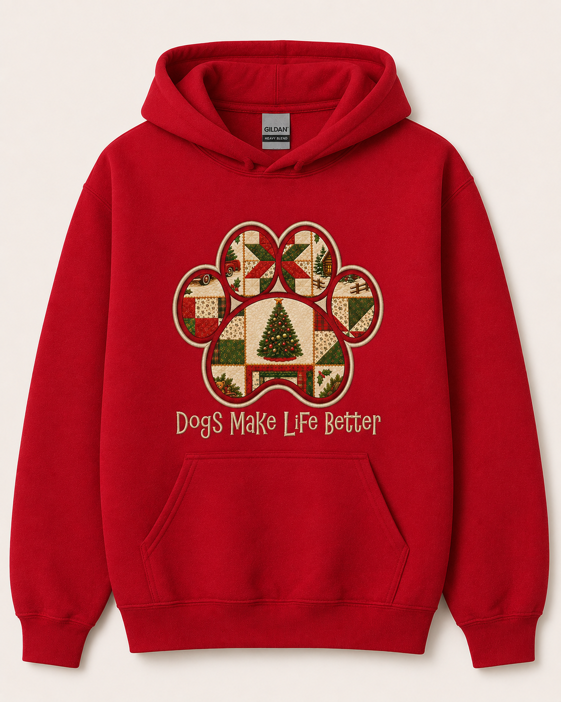 Christmas Quilt Paw Applique Embroidered Hoodie - Dogs Make Life Better