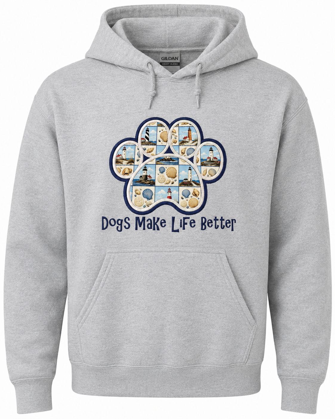 Lighthouse  Patchwork Quilt Paw Applique Embroidered Hoodie - Dogs Make Life Better