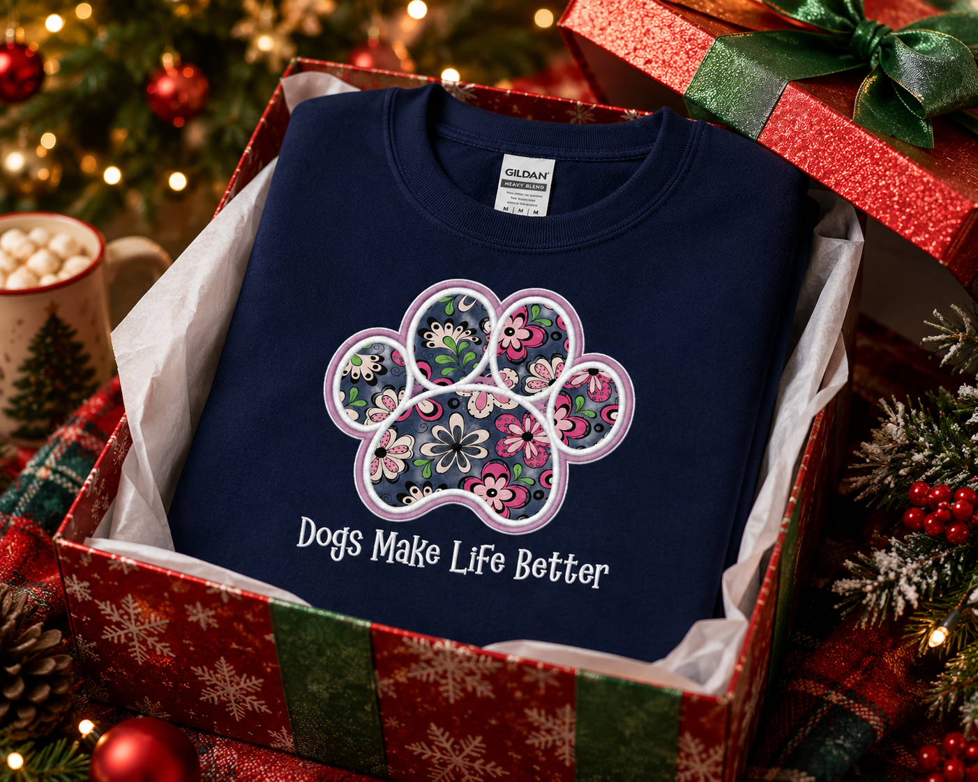Flower Paw Embroidered Dog Lover Crewneck sweatshirt - Dogs Make Life Better